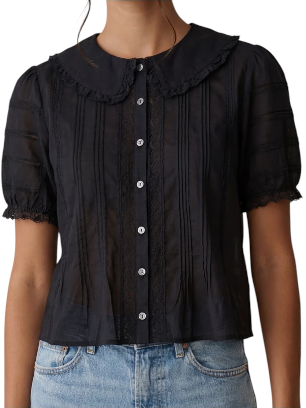 Sorella Few Moda Dorothy Cotton Top Black Lace-Trim Button Front NWT